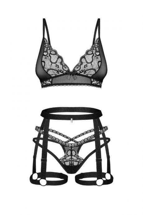 Жіноча білизна Комплект Obsessive BLOMENTIS SET bra garter belt & thong Чорний