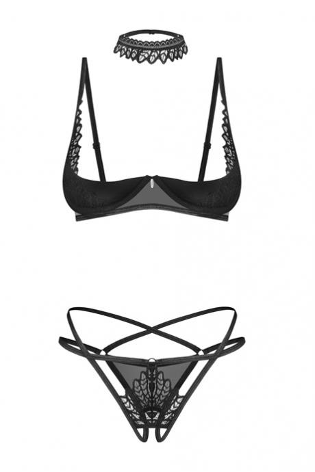 Жіноча білизна Комплект Obsessive DONARELLA SET cupless & crotchles thong Чорний