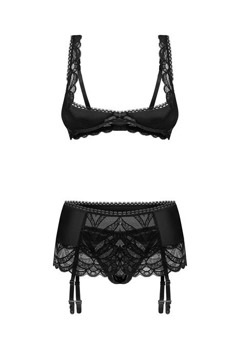 Жіноча білизна Комплект Obsessive LECILLE SET bra garter belt & crot thong Чорний