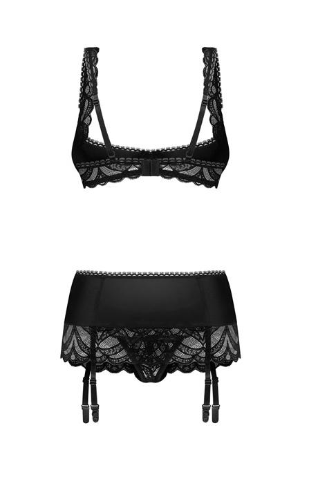Жіноча білизна Комплект Obsessive LECILLE SET bra garter belt & crot thong Чорний