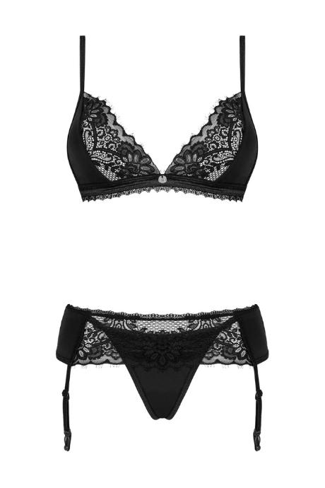 Жіноча білизна Комплект Obsessive MADERRIS SET bra garter belt & thong Чорний колір