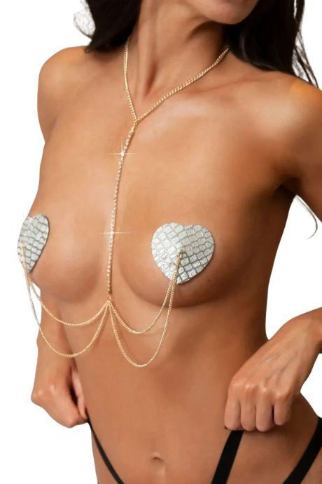 JSY Пестис-серця з ланцюжками та стразами JSY Nipple Sticker RT236106 Silver стікери срібний колір