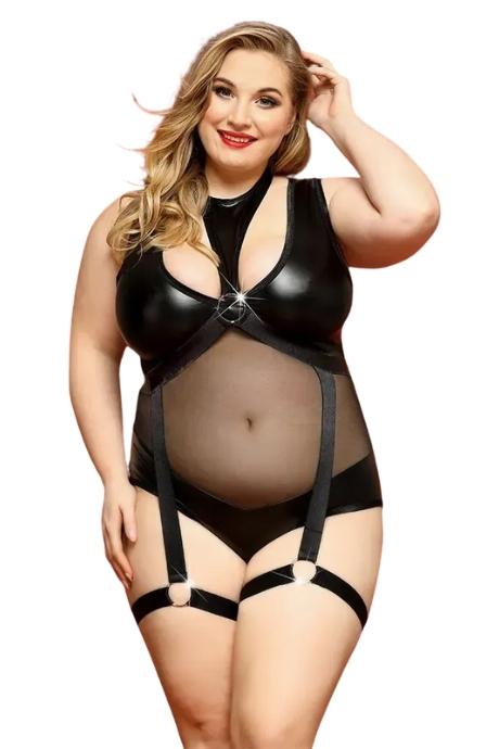 JSY Елегантне боді з екошкіри JSY «Спокуслива Морган» Plus Size Black сітка портупея з гартерами чорний колір