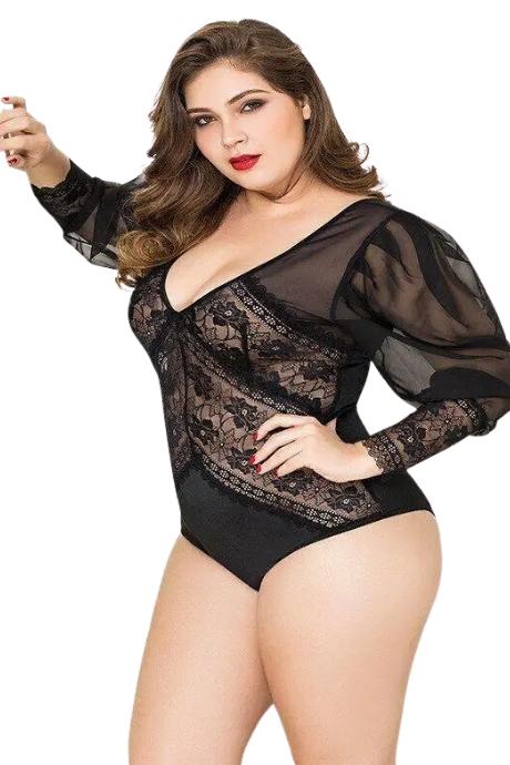 JSY Мереживне боді JSY «Спокуслива Мері» Plus Size Black рукава-ліхтарики дрібна сітка чорний колір