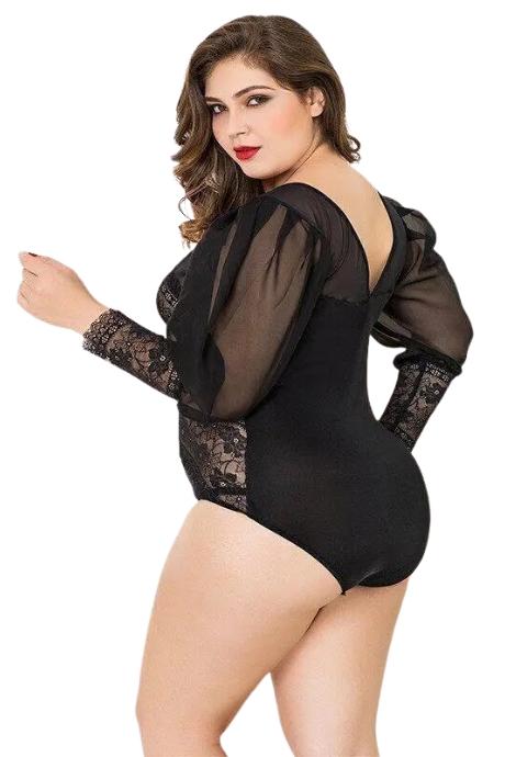 JSY Мереживне боді JSY «Спокуслива Мері» Plus Size Black рукава-ліхтарики дрібна сітка чорний колір