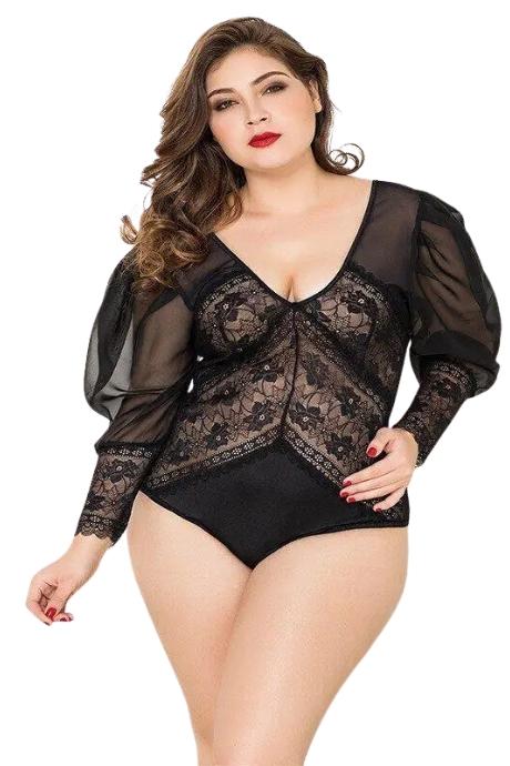 JSY Мереживне боді JSY «Спокуслива Мері» Plus Size Black рукава-ліхтарики дрібна сітка чорний колір