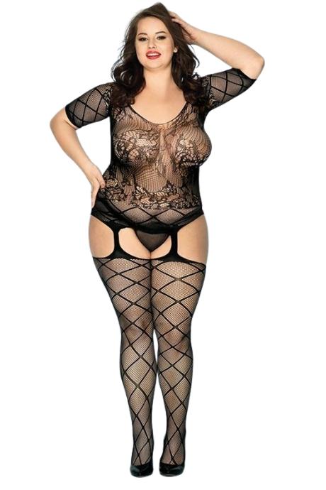 JSY Бесшовный бодистокинг JSY «Пошлая Грейс» Plus Size Black длинный рукав имитация чулок мелкая сет