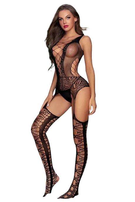 JSY Бодистокинг JSY 7960 с имитацией чулок Black декольте боковые вырезы открытый доступ