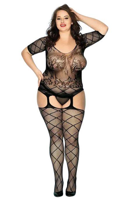 JSY Бодістокінг з декольте та панчохами Black чорний колір