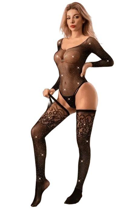 JSY Бодістокінг зі стразами JSY «Таємнича Елоїза» боді панчохи чорний колір