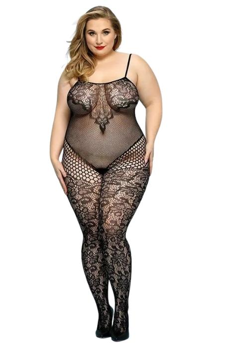 JSY Откровенный бодистокинг JSY «Роковая Скарлет» Plus Size Black имитация боди кружево доступ