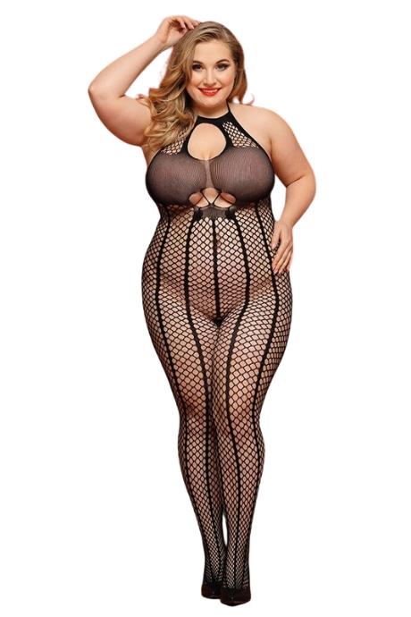 JSY Сетчатый бодистокинг-халтер JSY «Сети Арии» Plus Size black комбинезон открытый доступ
