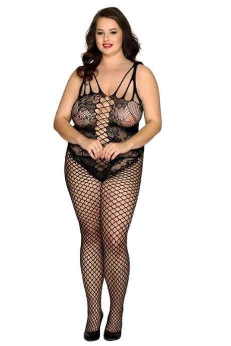 JSY Сетчатый бодистокинг JSY «Нежная Люси» Plus Size black имитация боди имитация шнуровки