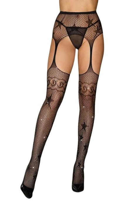 JSY Панчохи-стокінги із зірками JSY 7835 Black сітка стрази імітація пояса з гартерами чорний колір