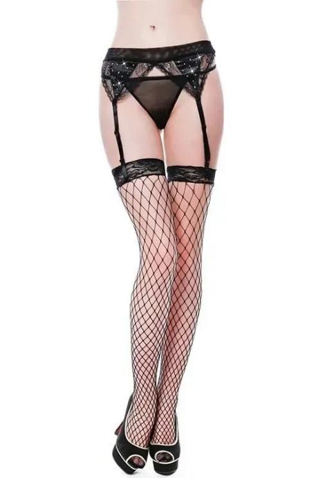 JSY Еротичний комплект 2273: трусики-стрінги пояс для панчохи та панчохи у велику сітку Black колір