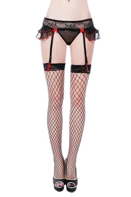 JSY Еротичний комплект 2274: трусики-стрінги пояс для панчохи та панчохи у велику сітку чорний колір