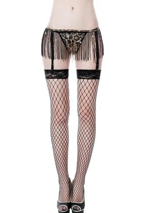 JSY Еротичний комплект панчіх у велику сітку та пояси з бахромою Black колір
