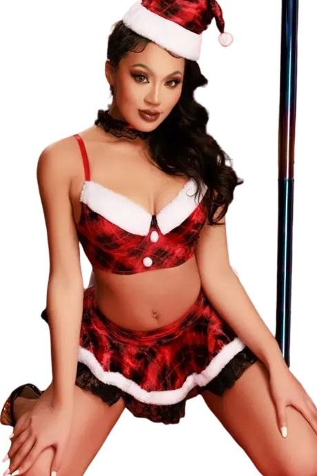 JSY Новогодний эротический костюм JSY «Жгучая Ребекка» топ юбка стринги шапка чокер
