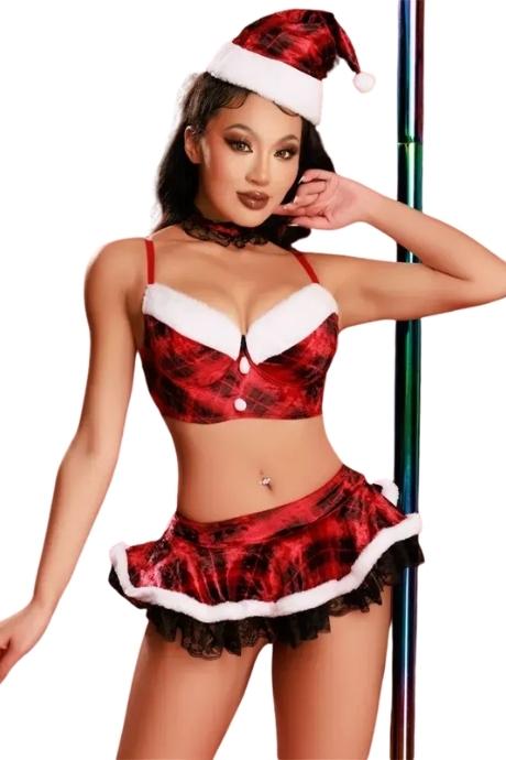 JSY Новогодний эротический костюм JSY «Жгучая Ребекка» топ юбка стринги шапка чокер