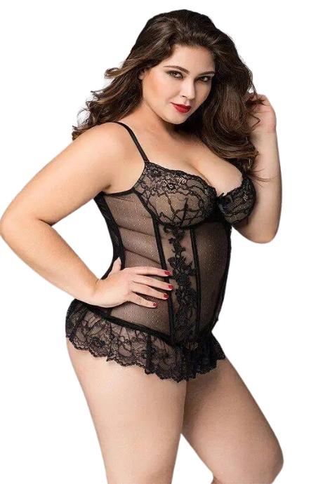 JSY Мереживний корсет JSY «Сексуальна Белла» Plus Size Black дрібна сітка гіпюр чашки з кісточками чорний колір