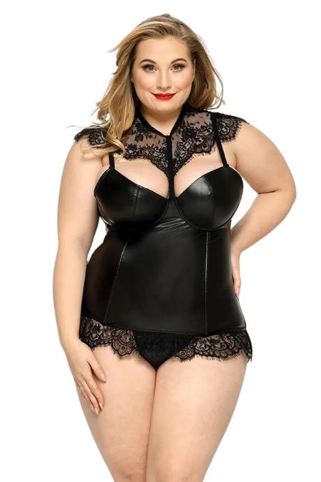 JSY Латексный комплект белья JSY «Страстная Ирис» Plus Size Black корсет стринги кружево