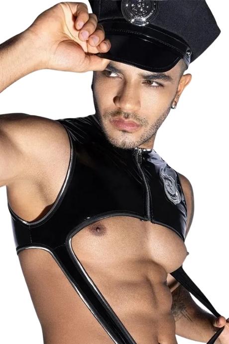 JSY Чоловічий еротичний костюм поліцейського JSY «Відважний Луї» боді кепка наручники чорний колір