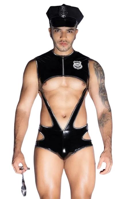 JSY Чоловічий еротичний костюм поліцейського JSY «Відважний Луї» боді кепка наручники чорний колір
