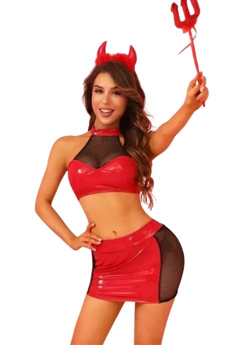 JSY Еротичний костюм дияволиці JSY «Спокусниця Джен» топ спідниця трусики ріжки жезл червоний колір