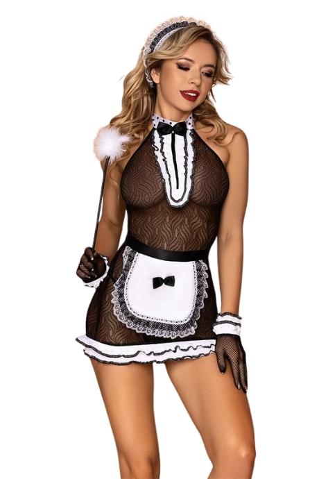 JSY Еротичний костюм покоївки JSY «Акуратна Сара» плаття трусики рукавички фартух жабо чорний колір