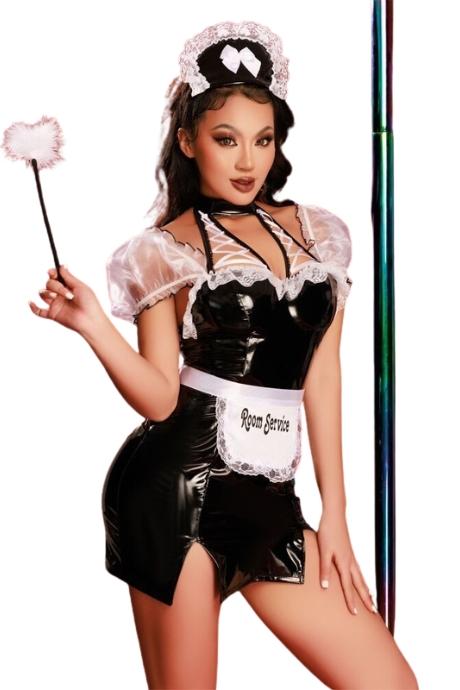 JSY Еротичний костюм покоївки JSY «Дбайливий Кім» плаття стрінги фартух чепчик метілка чорний колір