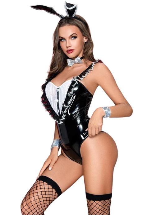 JSY Еротичний костюм зайчика JSY «Непередбачувана Фло» боді панчохи вушка метелик браслети чорний колір