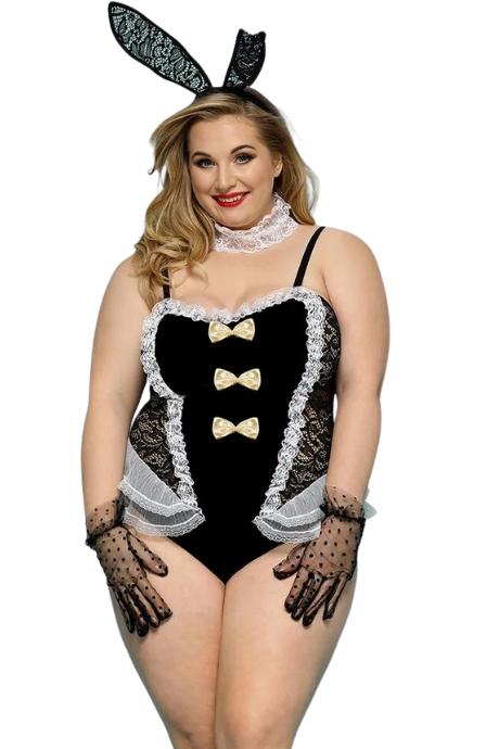 JSY Еротичний костюм зайчика JSY «Пристрасна Медісон» Plus Size Black боді вушка рукавички хвіст чокер чорний колір