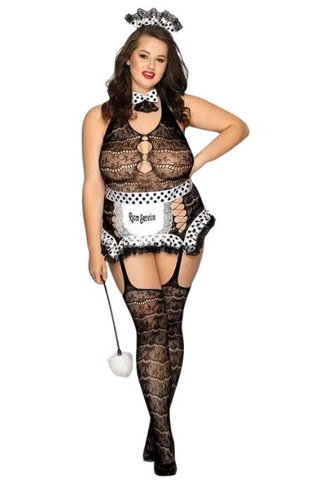 JSY Костюм горничной JSY «Послушная Альма» Plus Size Black фартук трусики головной убор бабочка мет