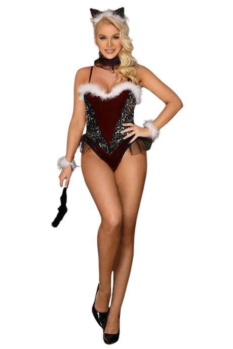 JSY Костюм кошечки JSY «Ласковая Китти» Burgundy боди с баской ушки воротник хвост