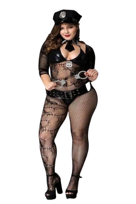 JSY Костюм полицейской JSY «Фрау Марта» Plus Size Black ремень кепка наручники галстук