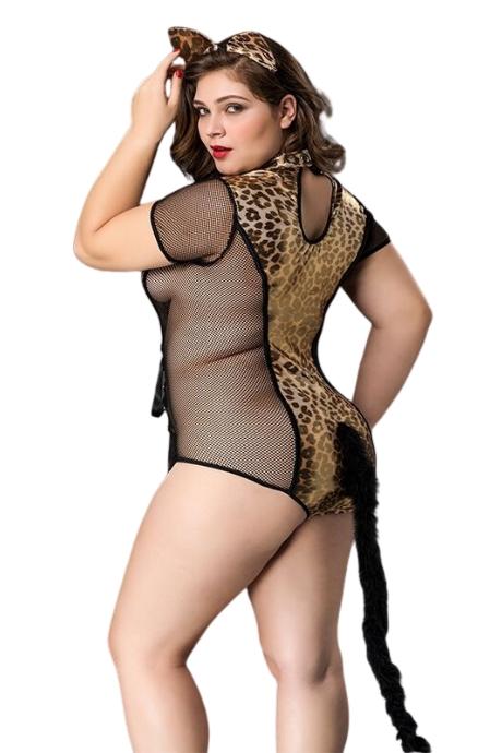 JSY Еротичний костюм кішечки JSY «Імператриця Кітті» Plus Size Black боді шнурівка хвіст вушка леопардовий принт
