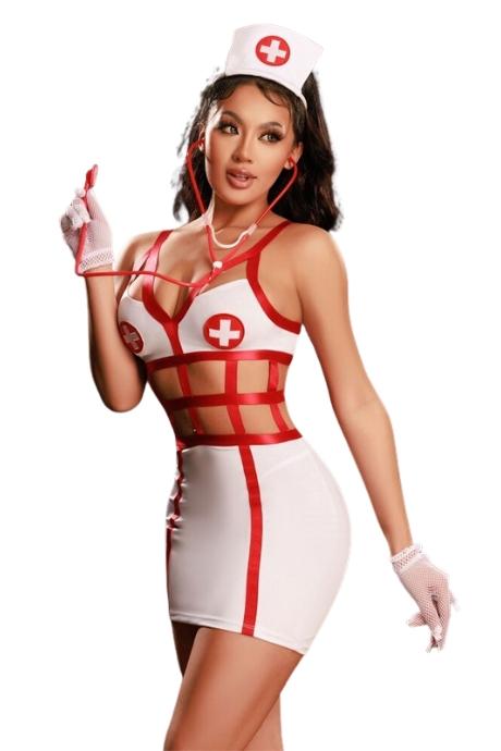 JSY Еротичний костюм медсестри JSY «Крихітка Габі» сукня рукавички стрінги чепец стетоскоп білий колір