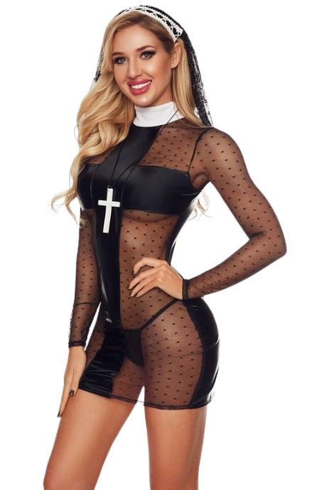 JSY Еротичний костюм черниці JSY «Коротка Елеонор» сукня головний убір стрінги хрест чорний колір