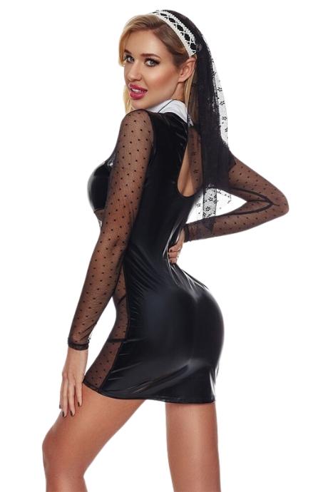 JSY Еротичний костюм черниці JSY «Коротка Елеонор» сукня головний убір стрінги хрест чорний колір