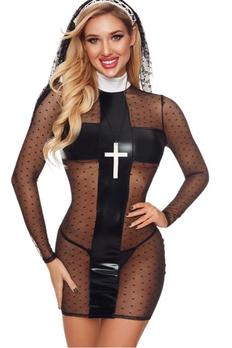JSY Еротичний костюм черниці JSY «Коротка Елеонор» сукня головний убір стрінги хрест чорний колір