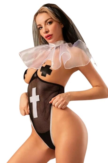 JSY Еротичний костюм монашки JSY «Непорочна Дебора» боді пестик чокер з воланом вуаль чорний колір