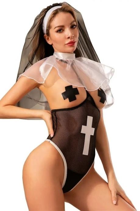 JSY Еротичний костюм монашки JSY «Непорочна Дебора» боді пестик чокер з воланом вуаль чорний колір