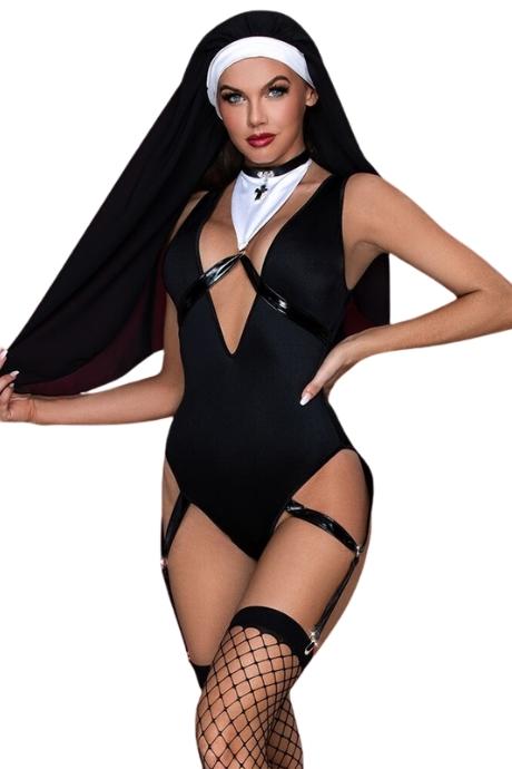 JSY Еротичний костюм черниці JSY «Порочна Бернадетт» Black боді підв'язки головний убір чорний колір