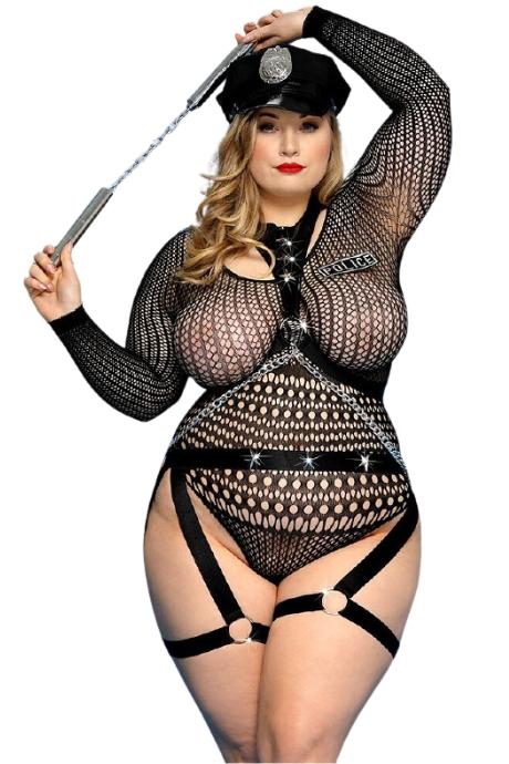 JSY Еротичний костюм поліцейської JSY «Зухвала Сюзі» Plus Size Black рукава ремені ланцюги чорний колір