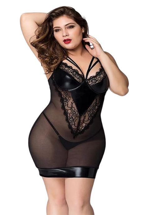JSY Сукня з латексними вставками JSY «Пристрасна Ельза» Plus Size Black мереживо стрепи сітка чорний колір
