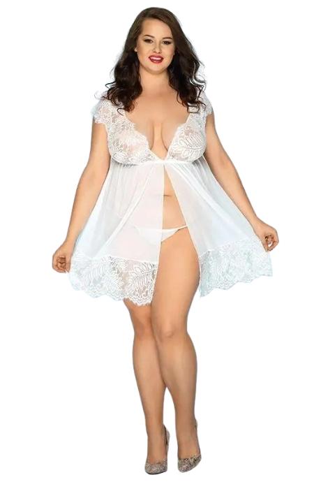 JSY Сексуальний пеньюар JSY «Чуттєва Люсі» Plus Size White мереживо дрібна сітка стрінги білий колір