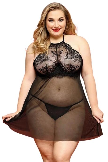 JSY Сорочка бебі-дол JSY «Пристрасна Ліліт» Plus Size Black халтер дрібна сітка мереживо стрінги чорний колір