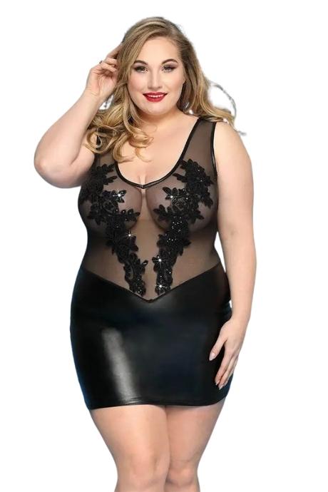 JSY Елегантна сукня JSY «Леді Софія» Plus Size black дрібна сітка вишивка екошкіра чорний колір