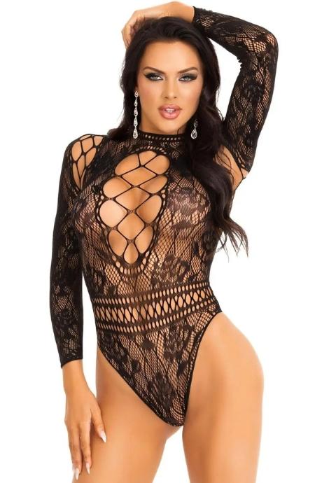 Боди Leg Avenue High neck lace bodysuit One Size черное длинный рукав стринги цветочный рисунок чорний колір