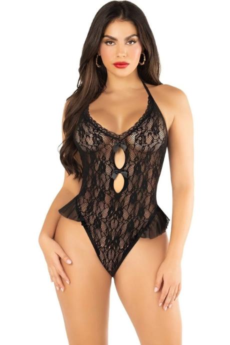 Боди Leg Avenue Lace Floral Lace Halter Teddy with Flutter Accent One Size чорний колір